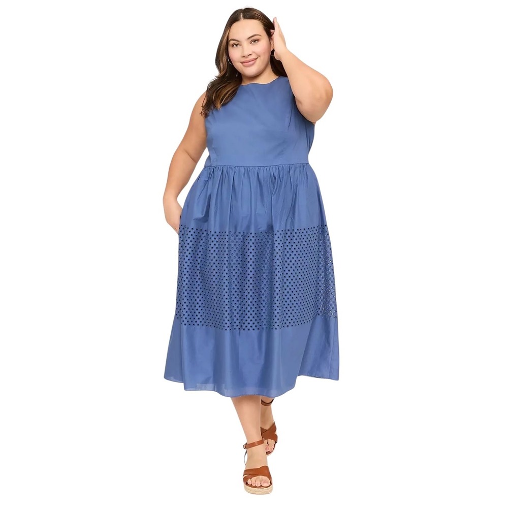 Sleeveless Blue Midi Dress with Laser-Cut Panel